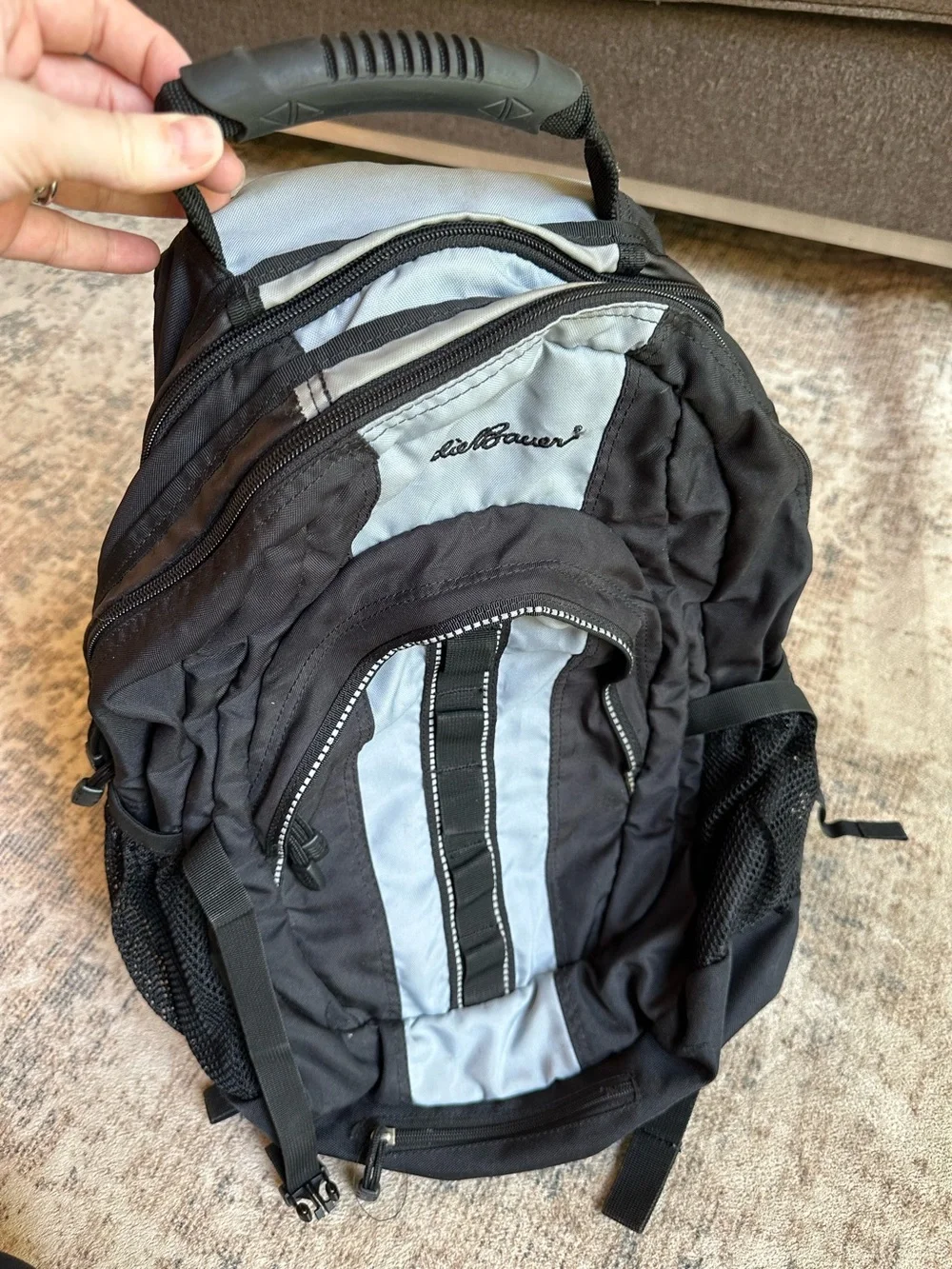 Eddie Bauer Vintage Black Gray Nylon Backpack Hiking Travel‎ School Bag